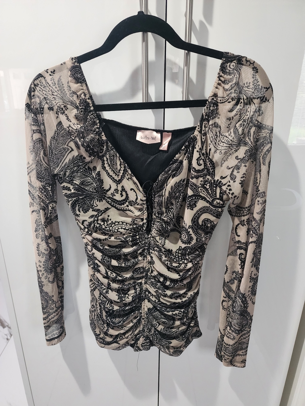 Ruched Paisley Long-Sleeve Top in Beige and Black